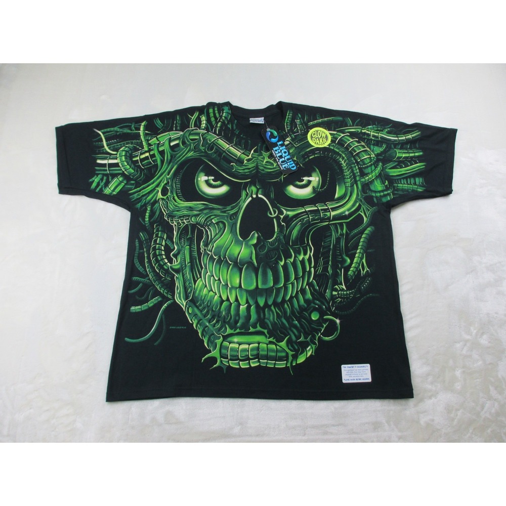 NEW VINTAGE Liquid Blue Shirt Mens Extra Large Black Skull Glow In The Dark 98